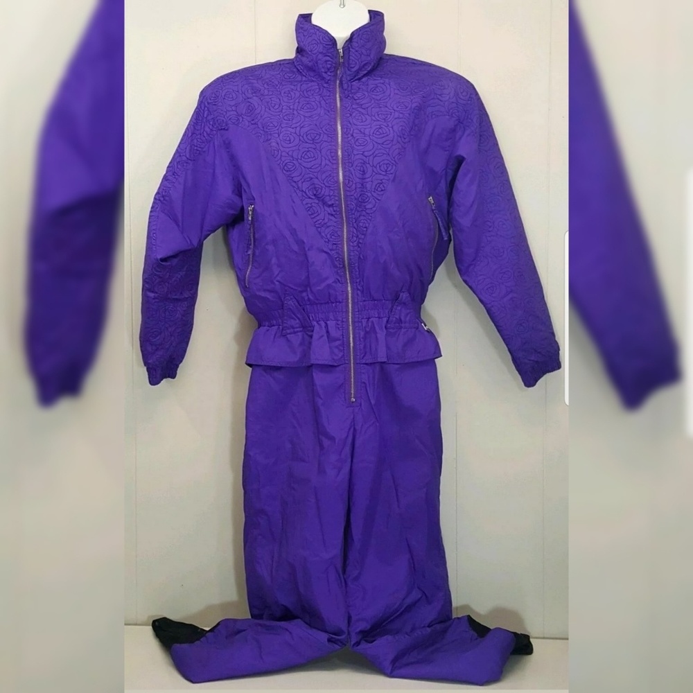 Edelweiss 12 Ski Snow Suit Purple Floral‎ Roses Vintage Retro Winter Resort 80s